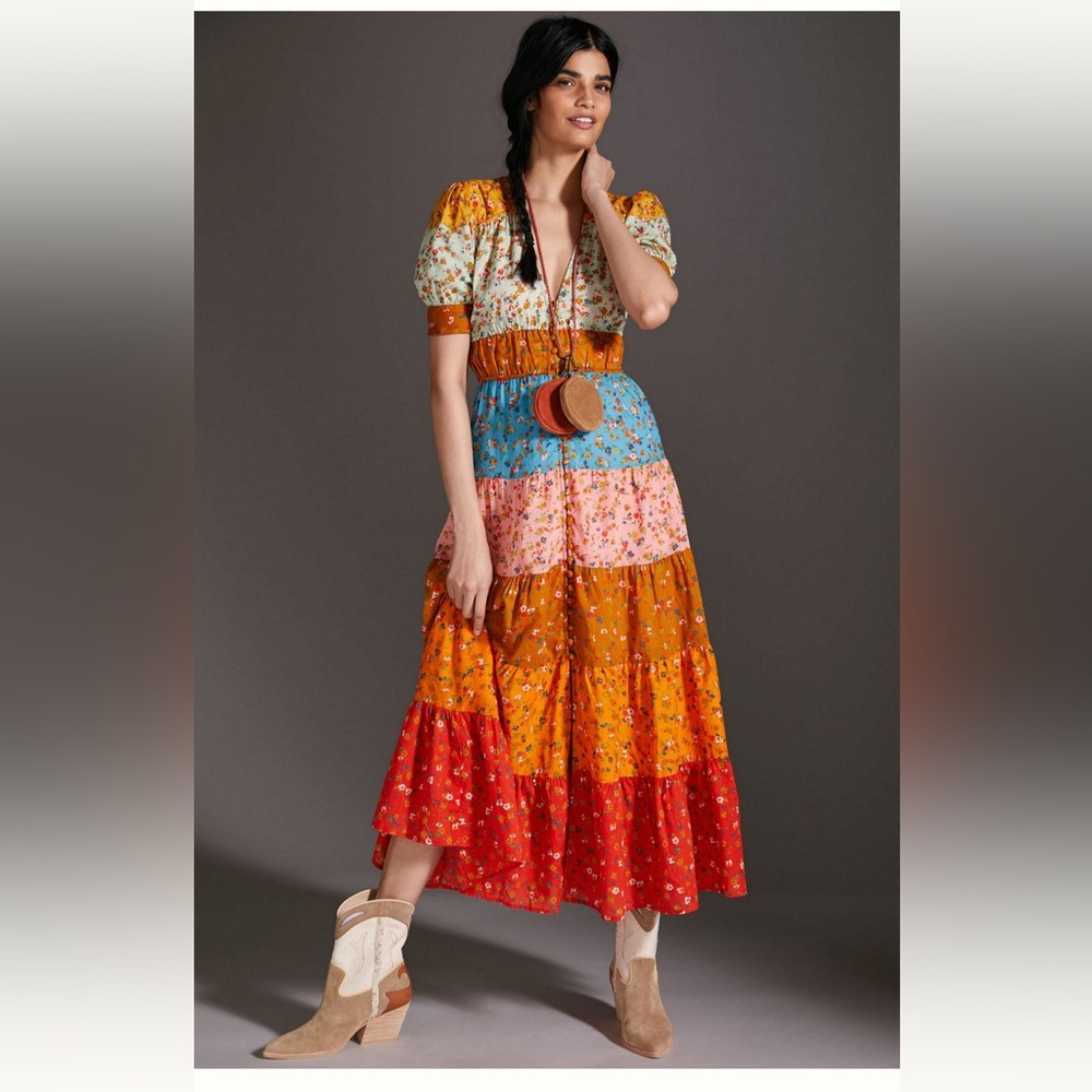 Anthropologie Multicolor Tiered & True Floral Prairie Maxi Dress w/ Pockets